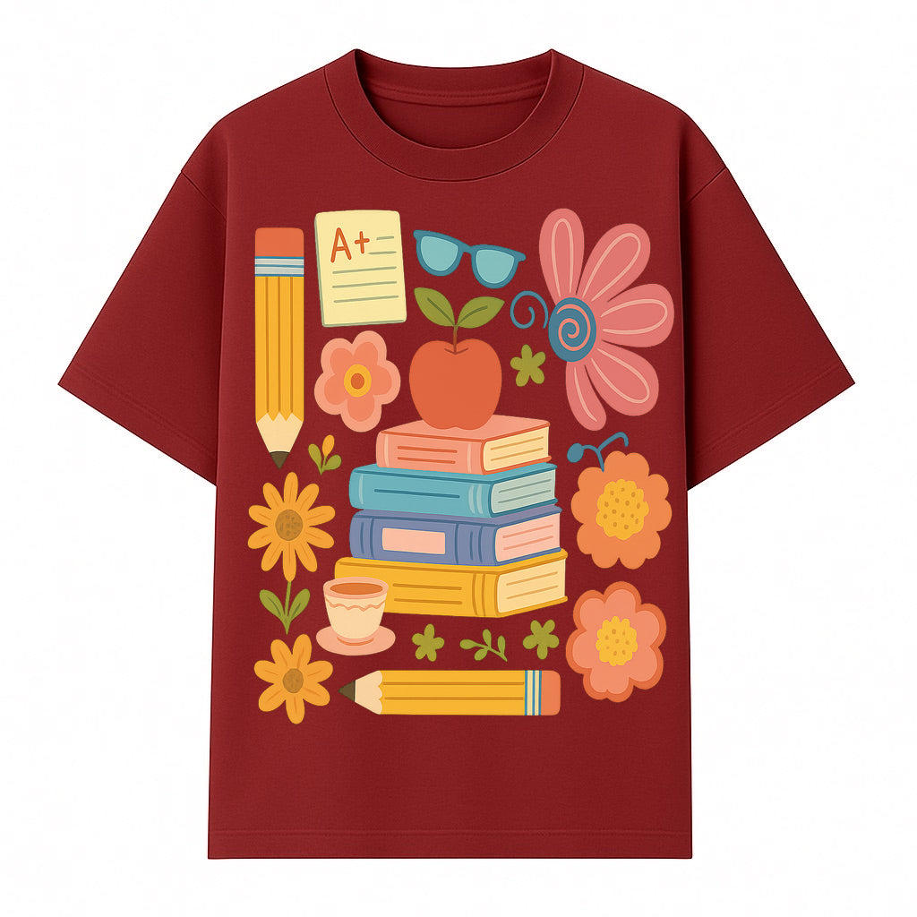 Colorful School Supplies Print - Books, Pencil, Apple, Flowers, and Glasses - Cute Classroom Decor for Kids or Teachers - T-shirt 1758093375742.jpg