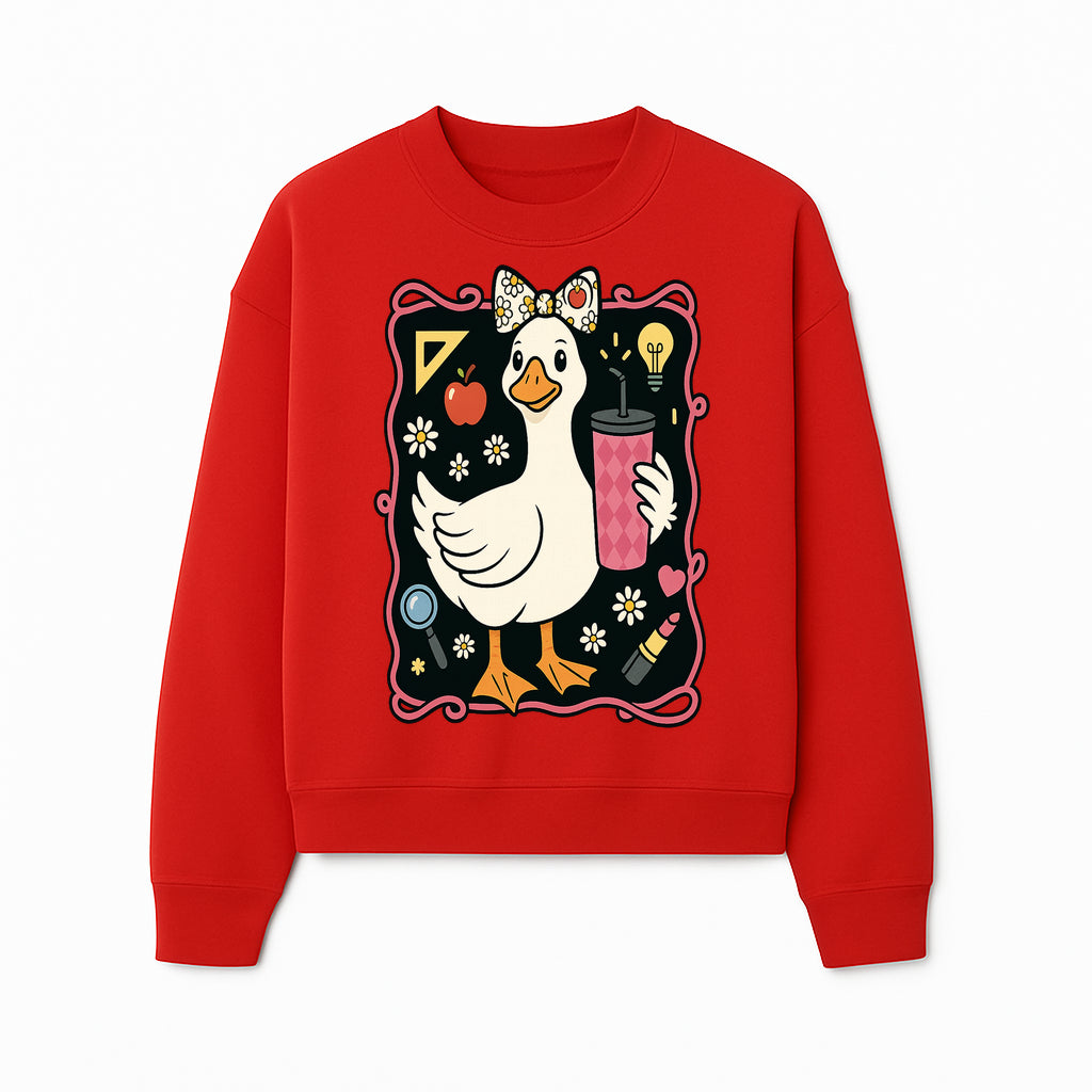 Cute Duck with Bow and Drink - Whimsical Animal Art Print, Fun Retro Style Home Decor, Ideal for Kids' Rooms or Gift Ideas - Sweatshirt 1758093375758.jpg