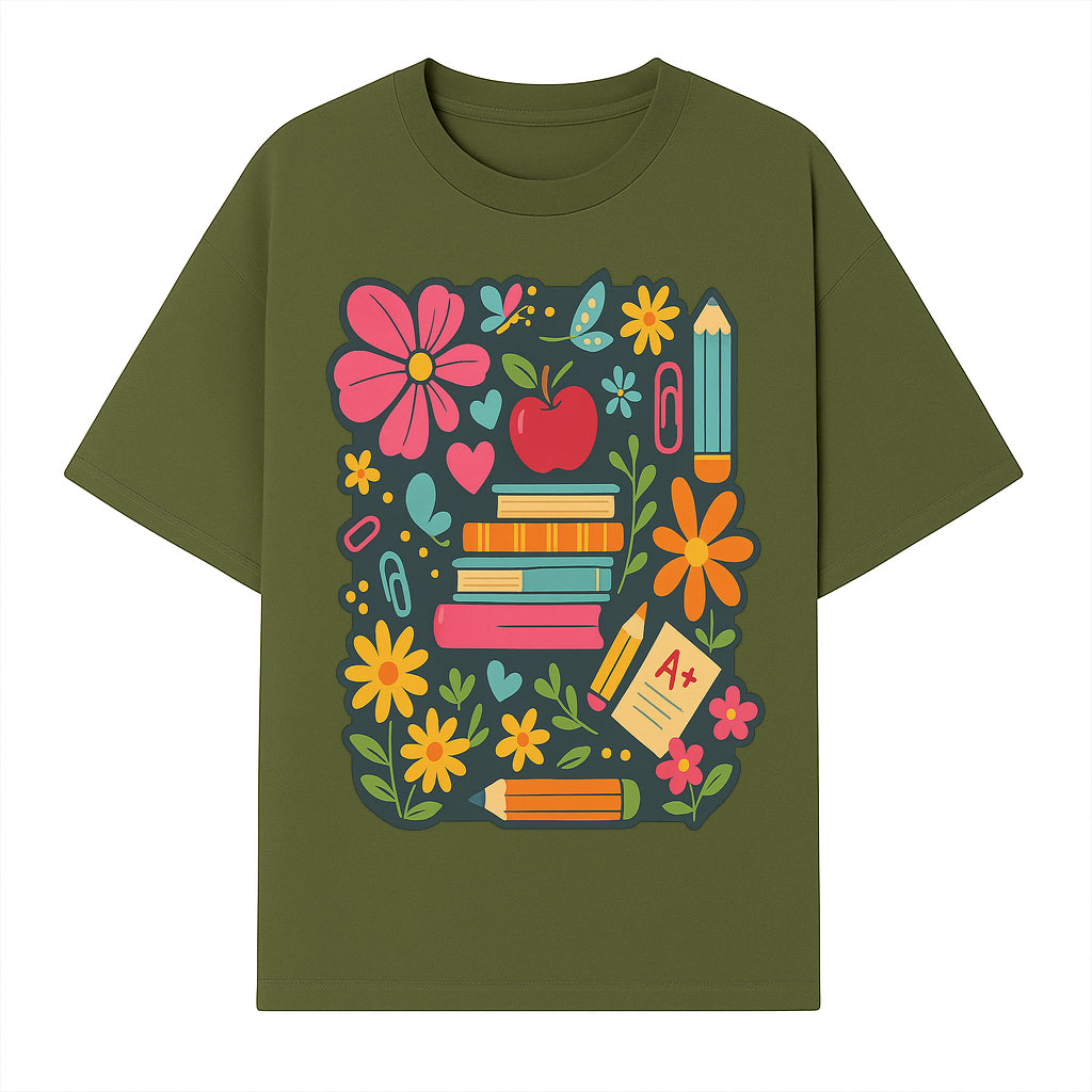 Colorful School Supplies and Flowers Illustration, Cute Educational Wall Art, Back to School Decor, Classroom Decoration, Kids Room Art - T-shirt 1758093375787.jpg