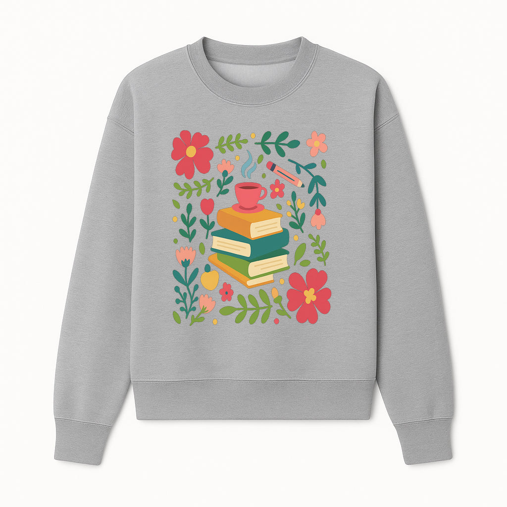 Whimsical Book Stack with Coffee and Flowers Art Print - Cozy Reading Decor for Home or Office - Sweatshirt 1758093375792.jpg