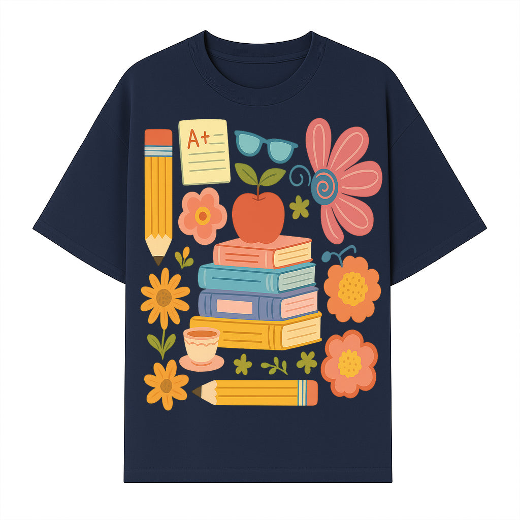 Colorful School Supplies Print - Books, Pencil, Apple, Flowers, and Glasses - Cute Classroom Decor for Kids or Teachers - T-shirt 1758093375912.jpg
