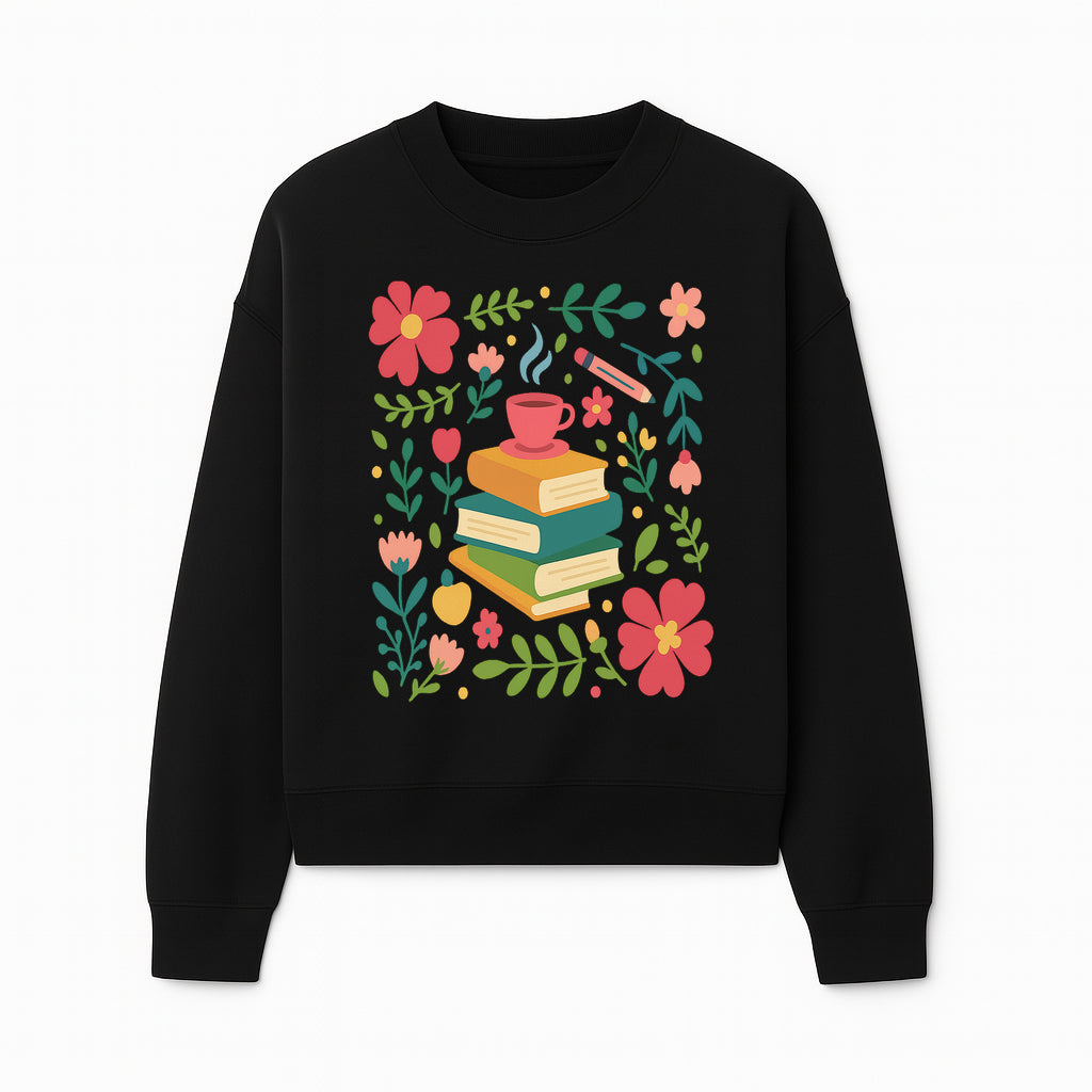 Whimsical Book Stack with Coffee and Flowers Art Print - Cozy Reading Decor for Home or Office - Sweatshirt 1758093375967.jpg