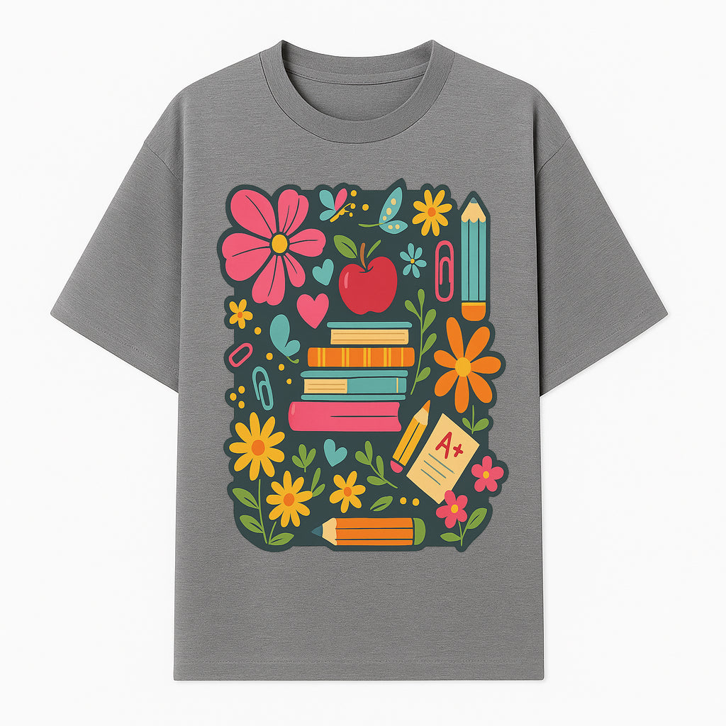 Colorful School Supplies and Flowers Illustration, Cute Educational Wall Art, Back to School Decor, Classroom Decoration, Kids Room Art - T-shirt 1758093375972.jpg