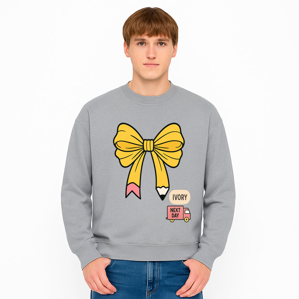 Yellow Pencil Bow Decor Cute Stationery Gift, Art Supplies, Kids School Accessories, Next Day Shipping, Ivory Color Theme - Sweatshirt 1758093376009.jpg