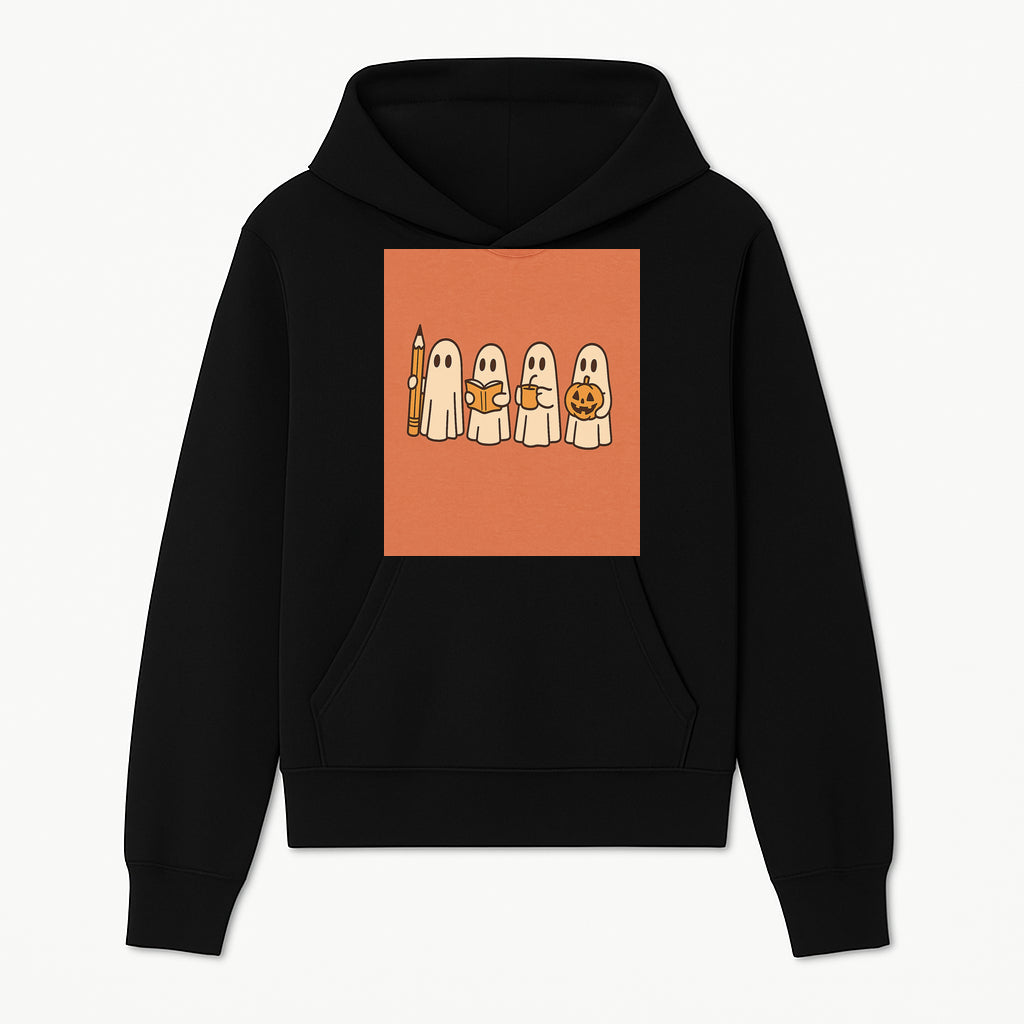 Cute Ghosts Reading, Writing, Drinking, and Celebrating Halloween Graphic Tee, Cozy Fall Top, Halloween Costume Shirt for Kids and Adults - Hoodie 1758093376055.jpg
