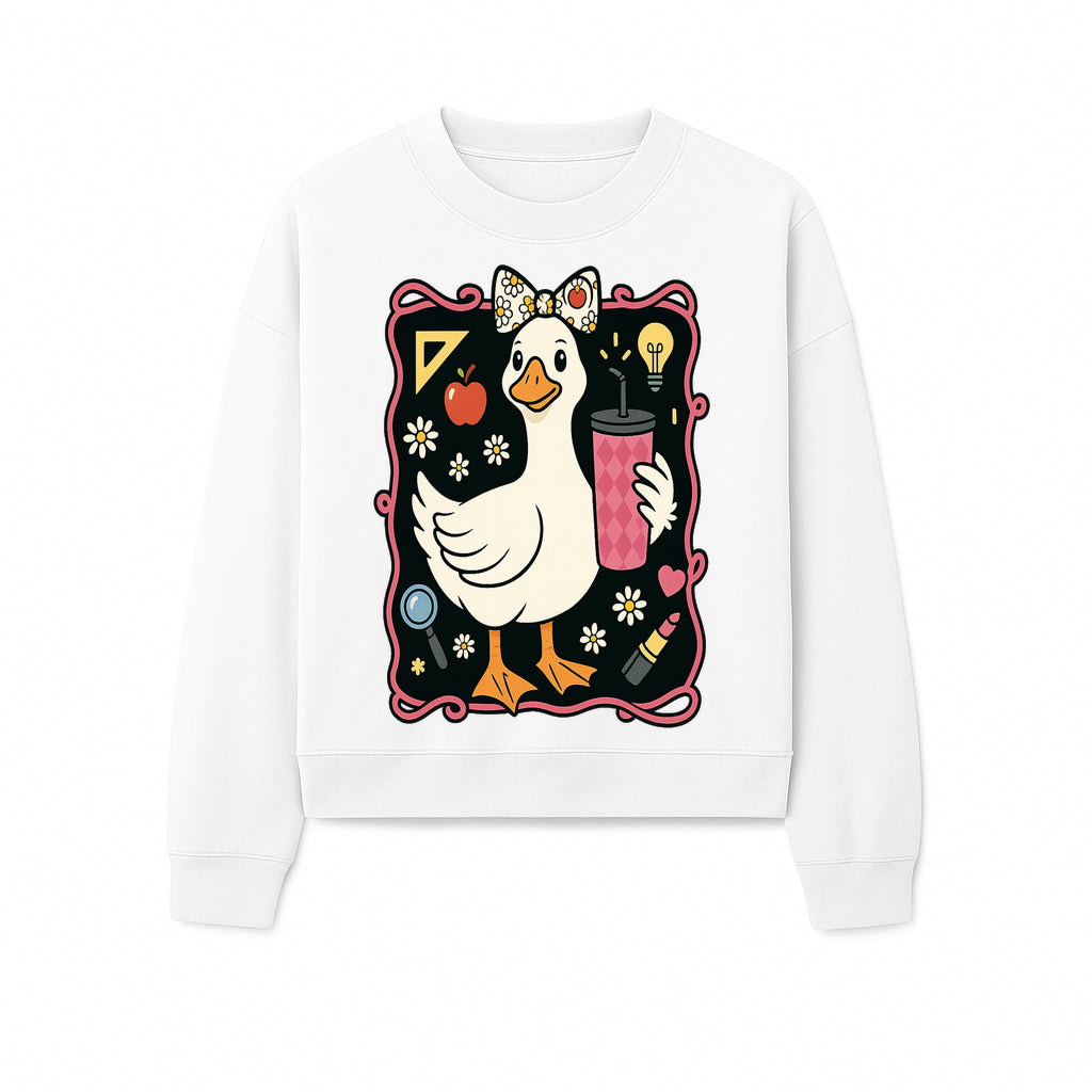 Cute Duck with Bow and Drink - Whimsical Animal Art Print, Fun Retro Style Home Decor, Ideal for Kids' Rooms or Gift Ideas - Sweatshirt 1758093376080.jpg