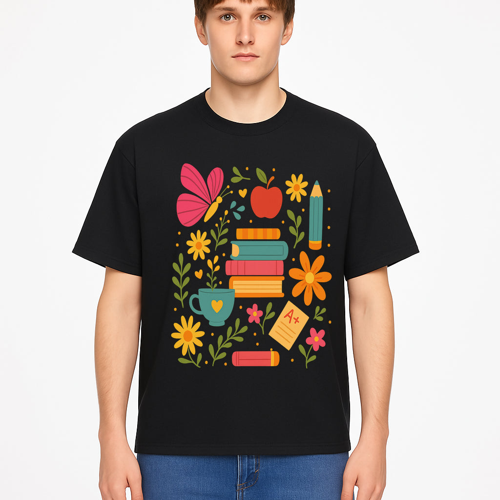 Colorful School Supplies and Flowers Art Print, Butterfly and Books, Educational Decor, Cute Classroom Wall Art, A+ Motivation - T-shirt 1758093376129.jpg