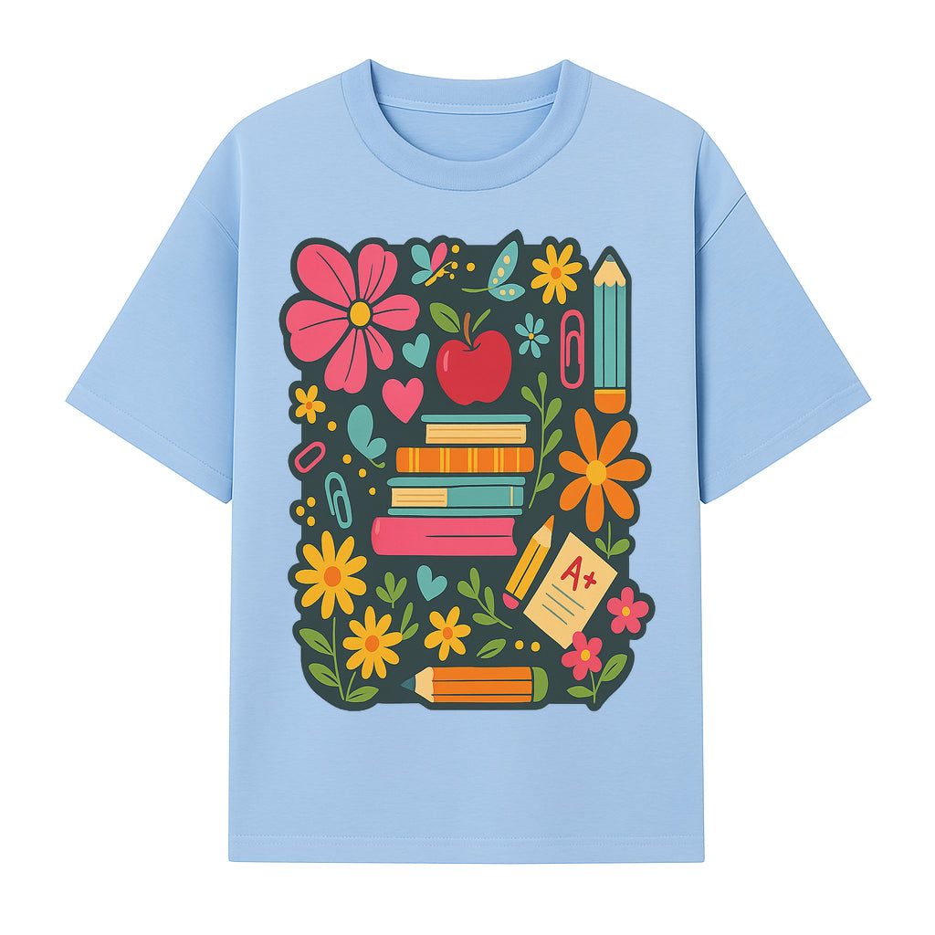 Colorful School Supplies and Flowers Illustration, Cute Educational Wall Art, Back to School Decor, Classroom Decoration, Kids Room Art - T-shirt 1758093376133.jpg
