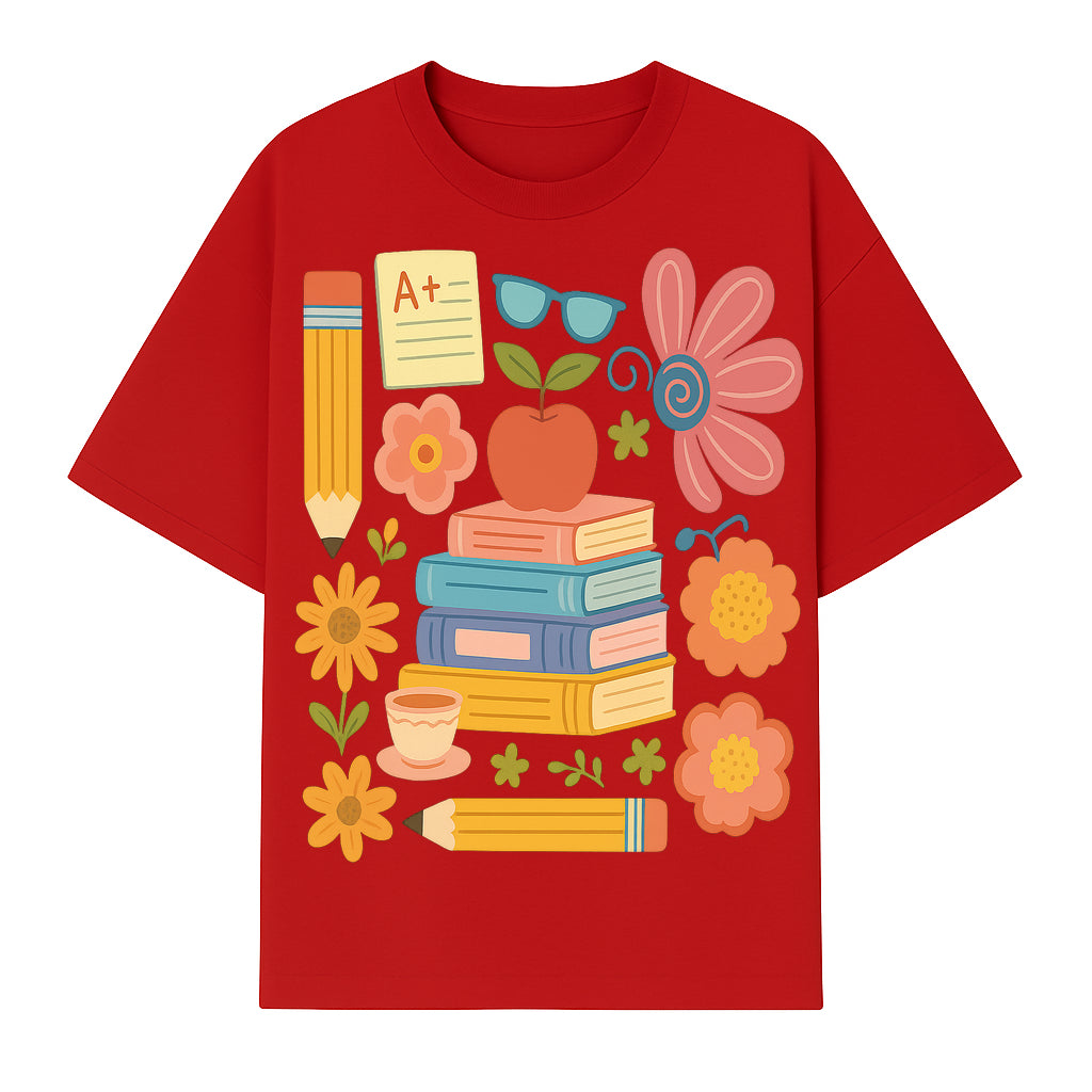 Colorful School Supplies Print - Books, Pencil, Apple, Flowers, and Glasses - Cute Classroom Decor for Kids or Teachers - T-shirt 1758093376142.jpg