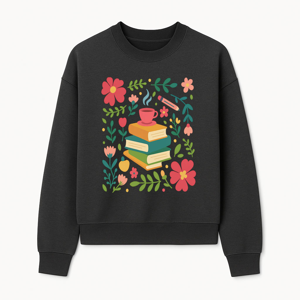 Whimsical Book Stack with Coffee and Flowers Art Print - Cozy Reading Decor for Home or Office - Sweatshirt 1758093376146.jpg