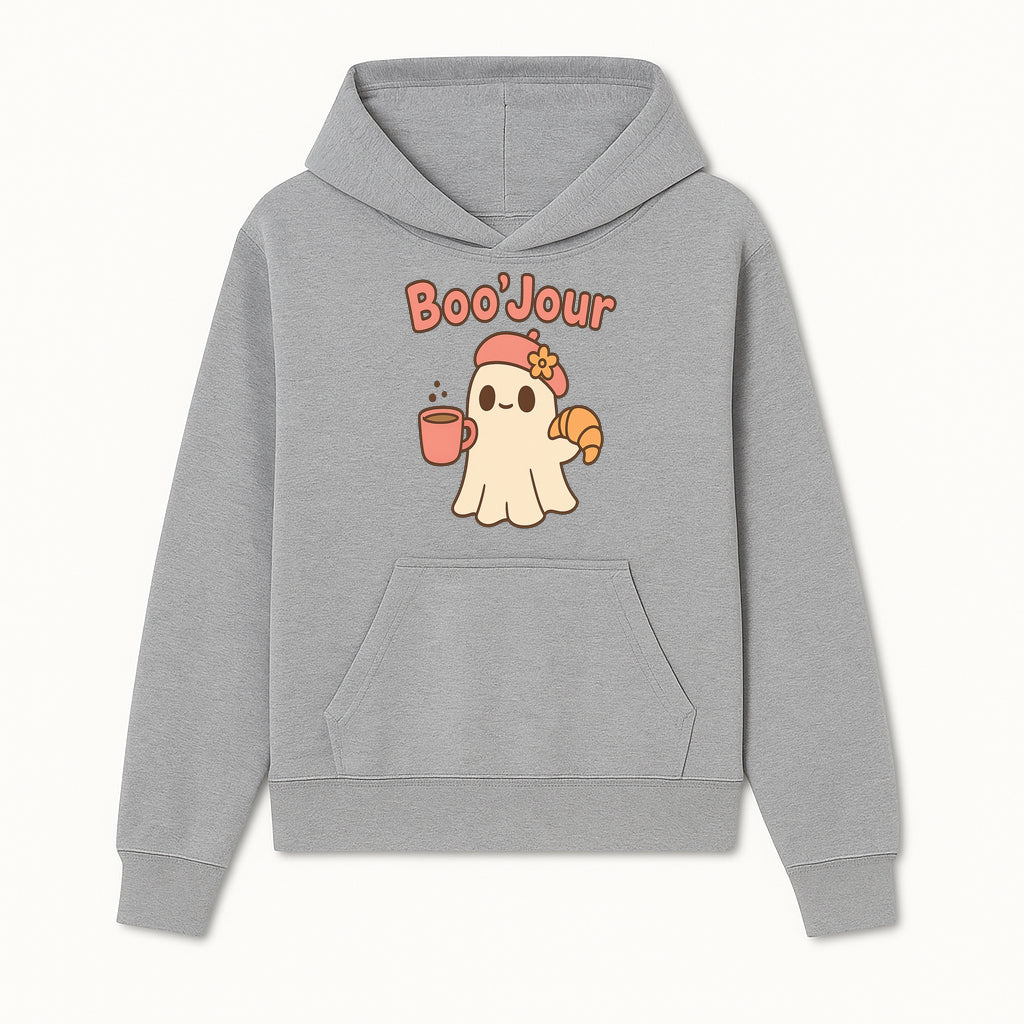 Cute Ghost Boo'Jour with Coffee and Croissant - Fun Halloween Decor, Ghost Lover Gift, Whimsical Art Print, Cozy Apparel - Hoodie 1758093376149.jpg