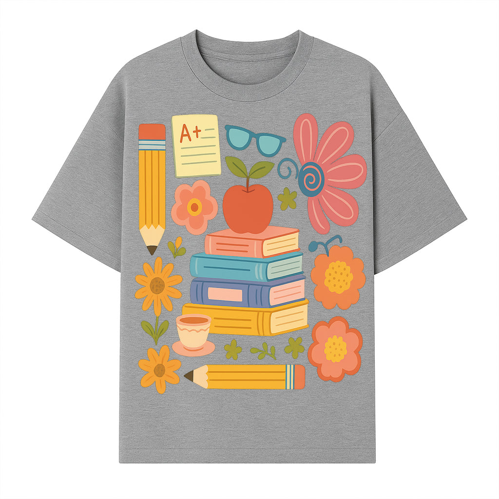 Colorful School Supplies Print - Books, Pencil, Apple, Flowers, and Glasses - Cute Classroom Decor for Kids or Teachers - T-shirt 1758093376248.jpg