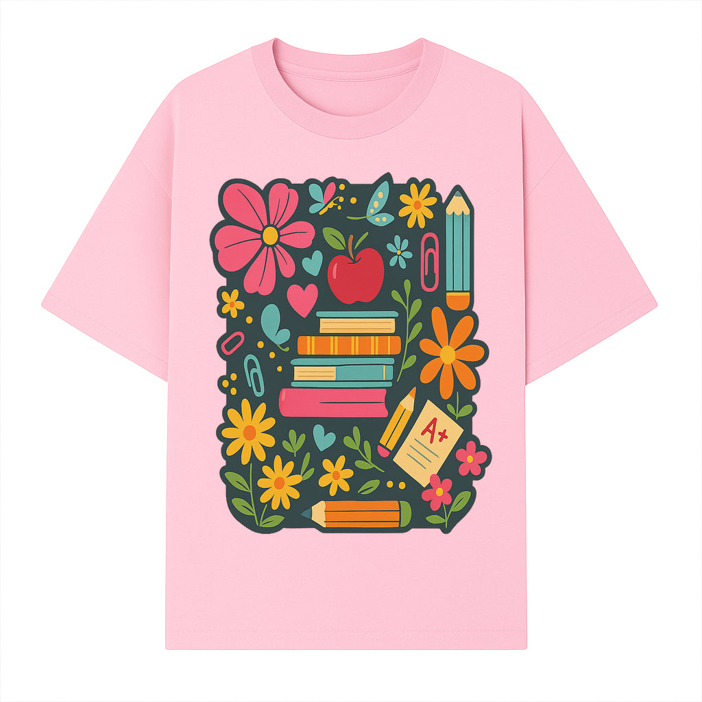 Colorful School Supplies and Flowers Illustration, Cute Educational Wall Art, Back to School Decor, Classroom Decoration, Kids Room Art - T-shirt 1758093376275.jpg