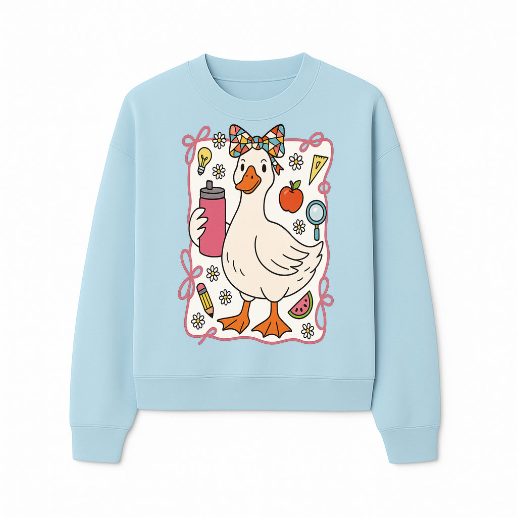 Cute Creative Duck Art Print with Supplies, Colorful Bow, and Fun Icons - Whimsical Home Decor for Kids and Animal Lovers - Sweatshirt 1758093376283.jpg