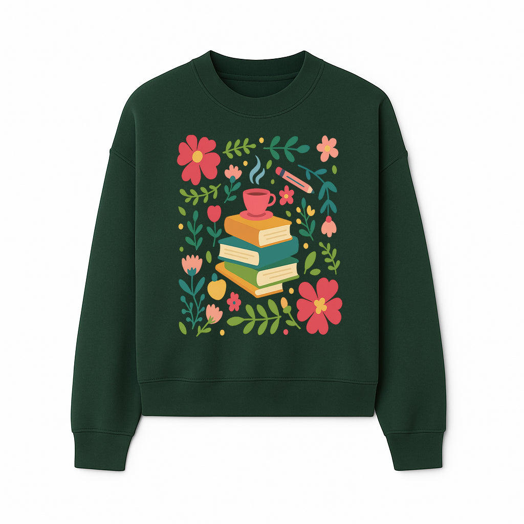 Whimsical Book Stack with Coffee and Flowers Art Print - Cozy Reading Decor for Home or Office - Sweatshirt 1758093376288.jpg