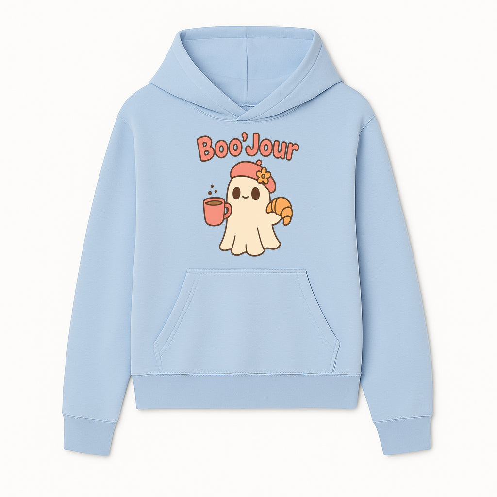 Cute Ghost Boo'Jour with Coffee and Croissant - Fun Halloween Decor, Ghost Lover Gift, Whimsical Art Print, Cozy Apparel - Hoodie 1758093376324.jpg
