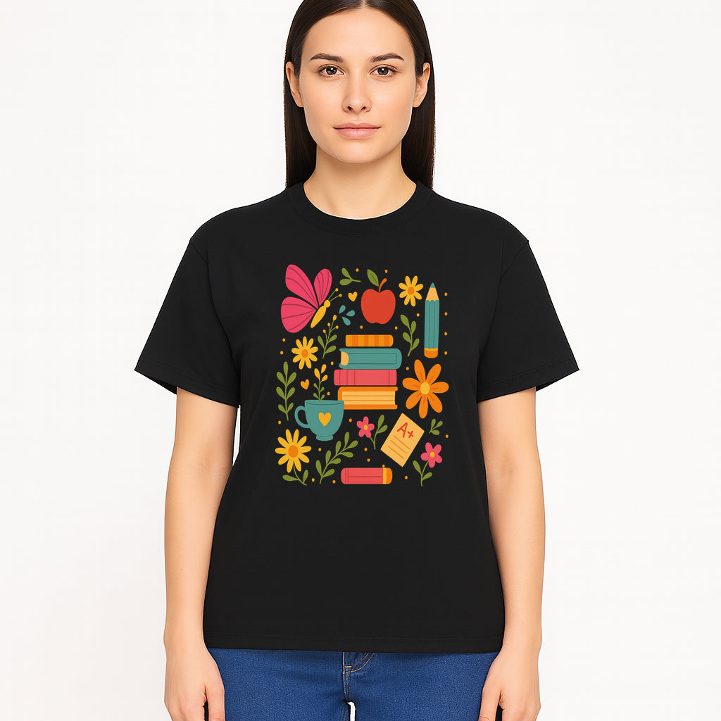 Colorful School Supplies and Flowers Art Print, Butterfly and Books, Educational Decor, Cute Classroom Wall Art, A+ Motivation - T-shirt 1758093376346.jpg