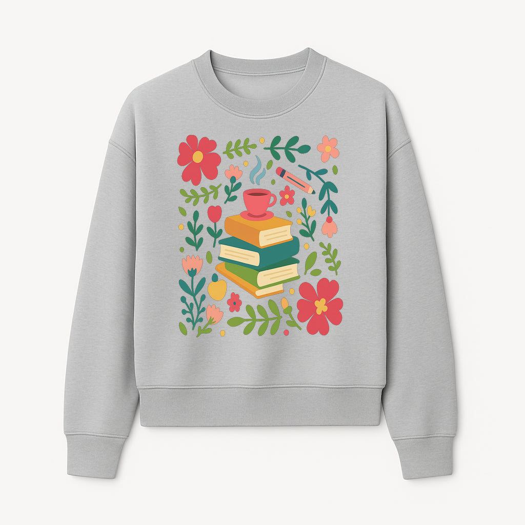 Whimsical Book Stack with Coffee and Flowers Art Print - Cozy Reading Decor for Home or Office - Sweatshirt 1758093376418.jpg