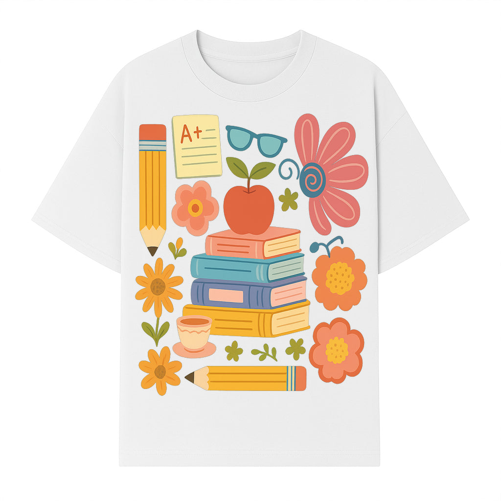 Colorful School Supplies Print - Books, Pencil, Apple, Flowers, and Glasses - Cute Classroom Decor for Kids or Teachers - T-shirt 1758093376444.jpg