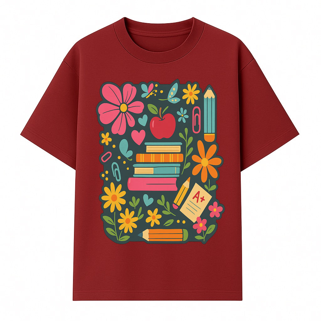 Colorful School Supplies and Flowers Illustration, Cute Educational Wall Art, Back to School Decor, Classroom Decoration, Kids Room Art - T-shirt 1758093376494.jpg