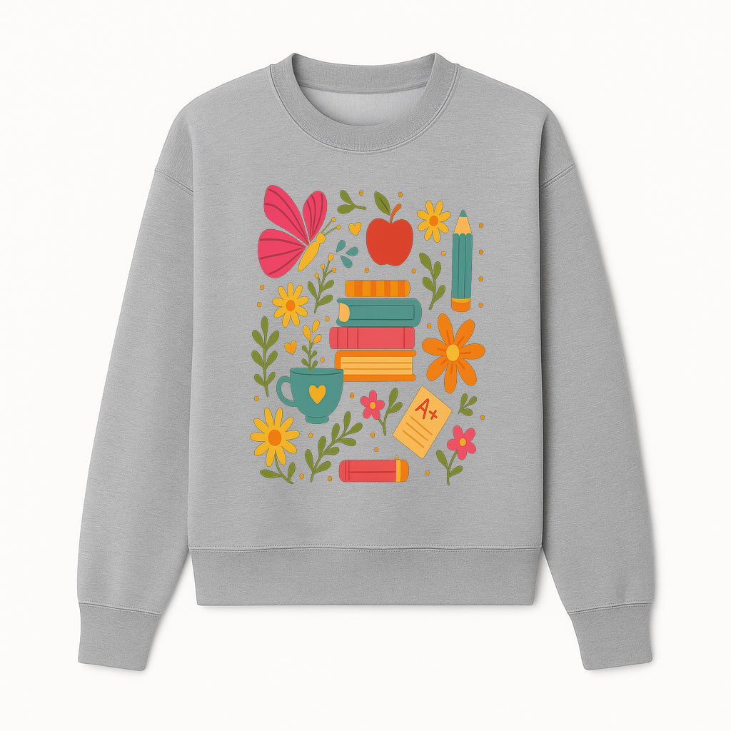 Colorful School Supplies and Flowers Art Print, Butterfly and Books, Educational Decor, Cute Classroom Wall Art, A+ Motivation - Sweatshirt 1758093376525.jpg