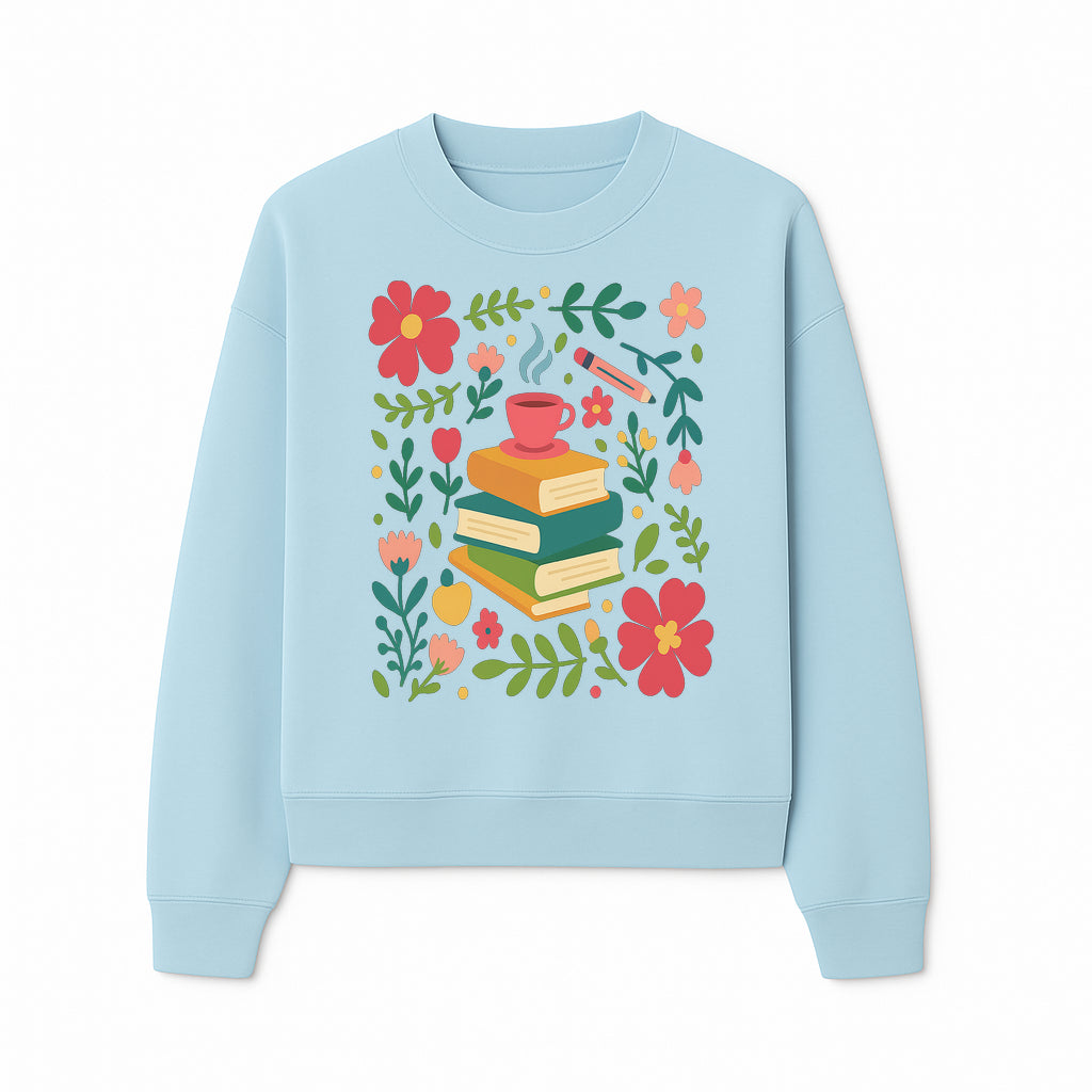 Whimsical Book Stack with Coffee and Flowers Art Print - Cozy Reading Decor for Home or Office - Sweatshirt 1758093376608.jpg