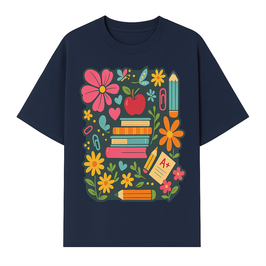 Colorful School Supplies and Flowers Illustration, Cute Educational Wall Art, Back to School Decor, Classroom Decoration, Kids Room Art - T-shirt 1758093376637.jpg