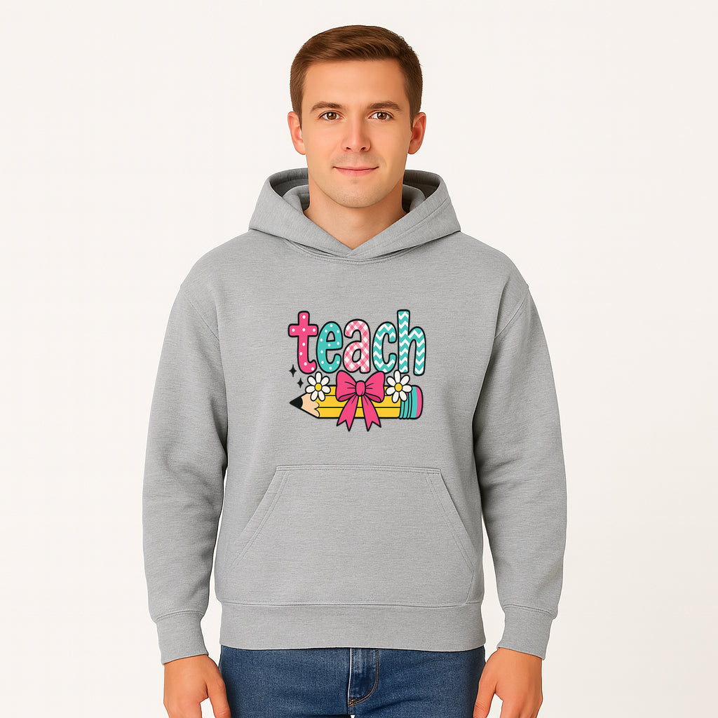 Colorful Teach Design with Pencil, Flowers, and Bow - Perfect for Teacher's Gifts, Classroom Decor, or Back-to-School Apparel - Hoodie 1758093376675.jpg