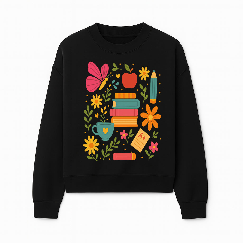 Colorful School Supplies and Flowers Art Print, Butterfly and Books, Educational Decor, Cute Classroom Wall Art, A+ Motivation - Sweatshirt 1758093376730.jpg