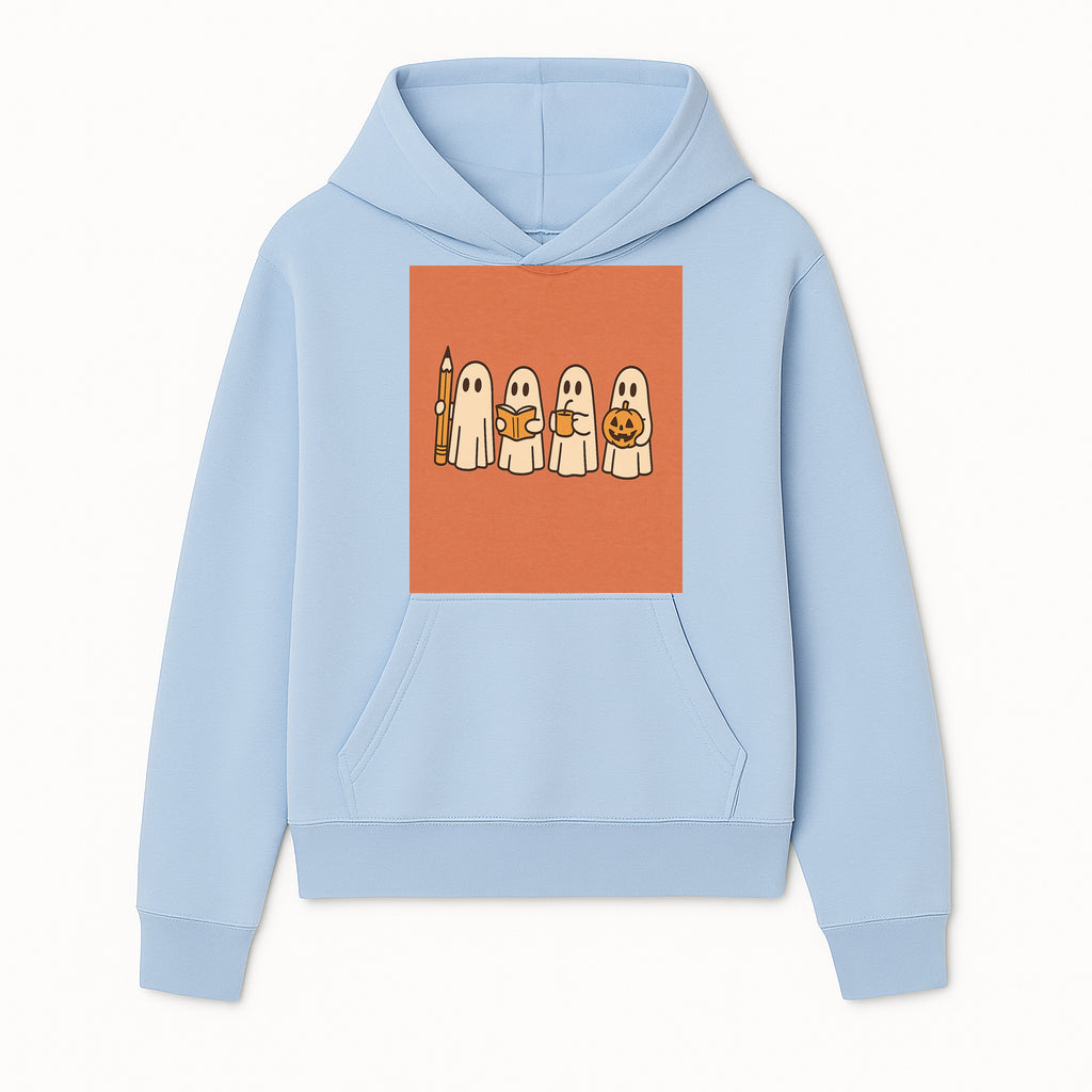 Cute Ghosts Reading, Writing, Drinking, and Celebrating Halloween Graphic Tee, Cozy Fall Top, Halloween Costume Shirt for Kids and Adults - Hoodie 1758093376741.jpg