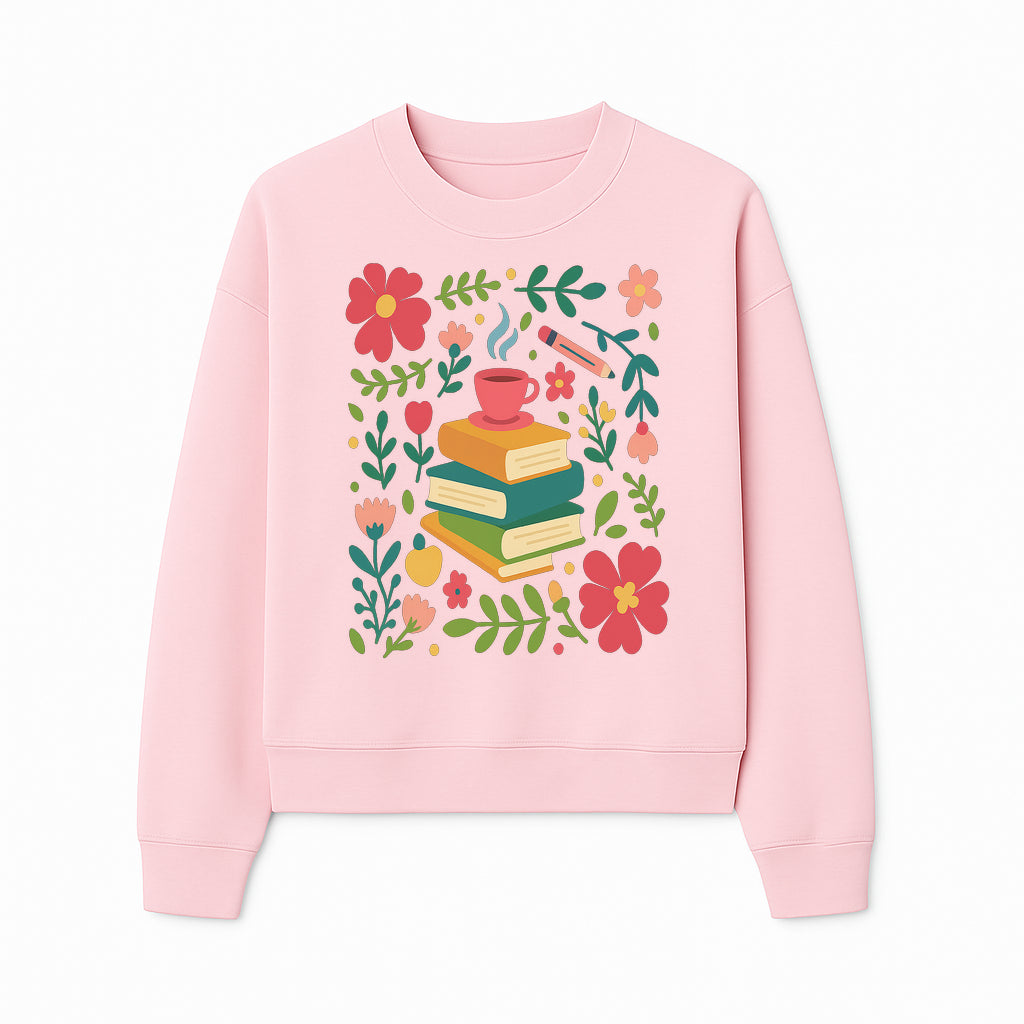 Whimsical Book Stack with Coffee and Flowers Art Print - Cozy Reading Decor for Home or Office - Sweatshirt 1758093376753.jpg