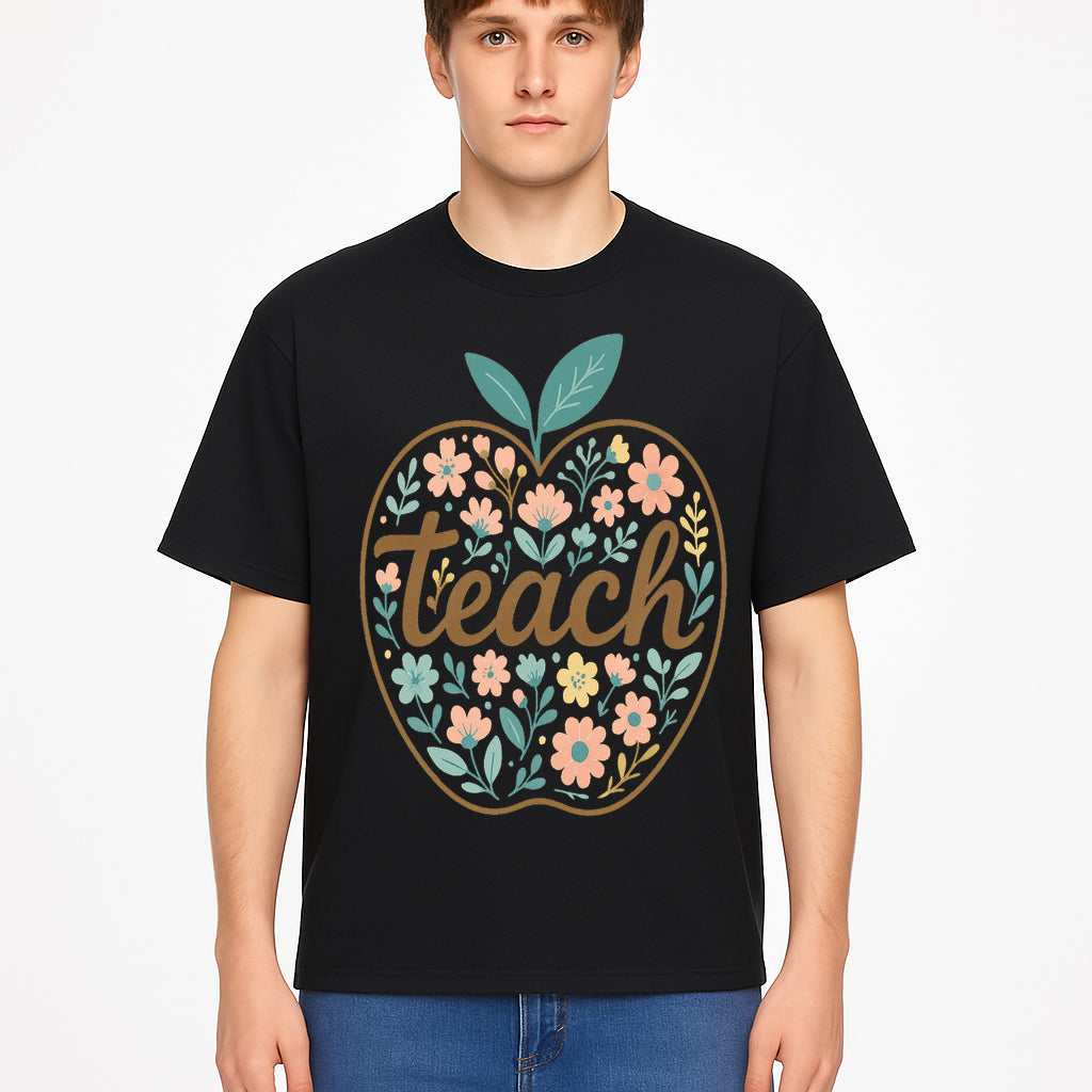 Floral Apple Teach Wall Art Decor - Teacher Gift, Classroom Decor, Inspirational Quote, Colorful Art Print - T-shirt 1758093376813.jpg