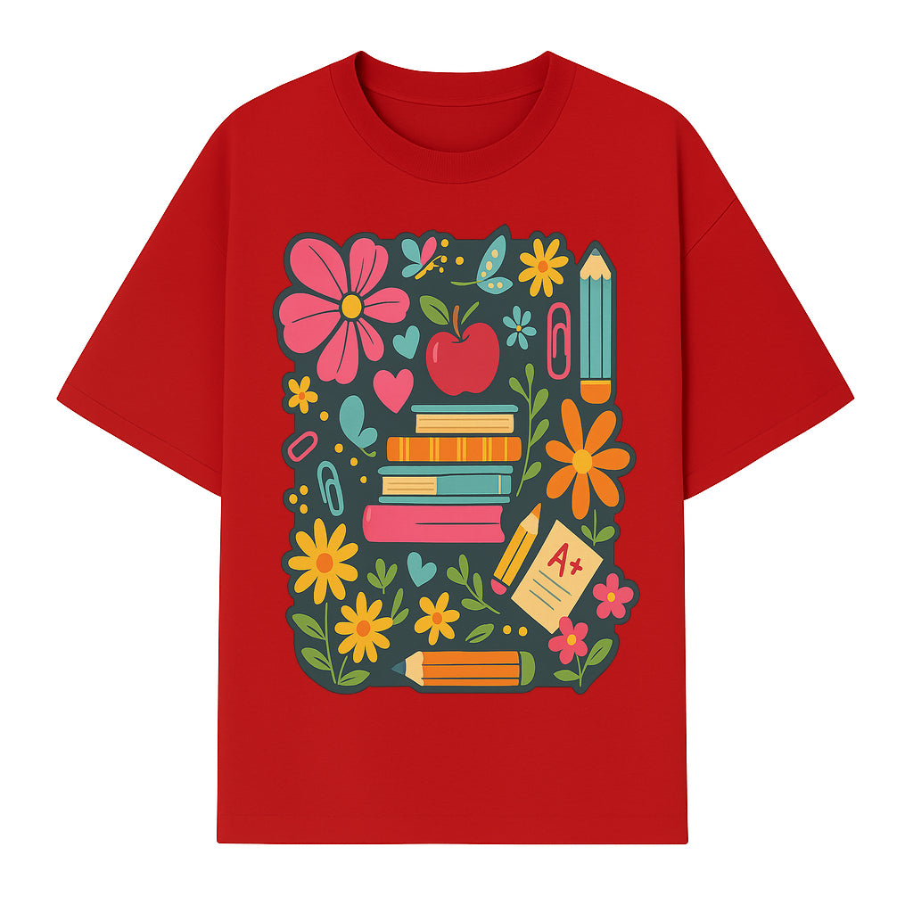 Colorful School Supplies and Flowers Illustration, Cute Educational Wall Art, Back to School Decor, Classroom Decoration, Kids Room Art - T-shirt 1758093376833.jpg