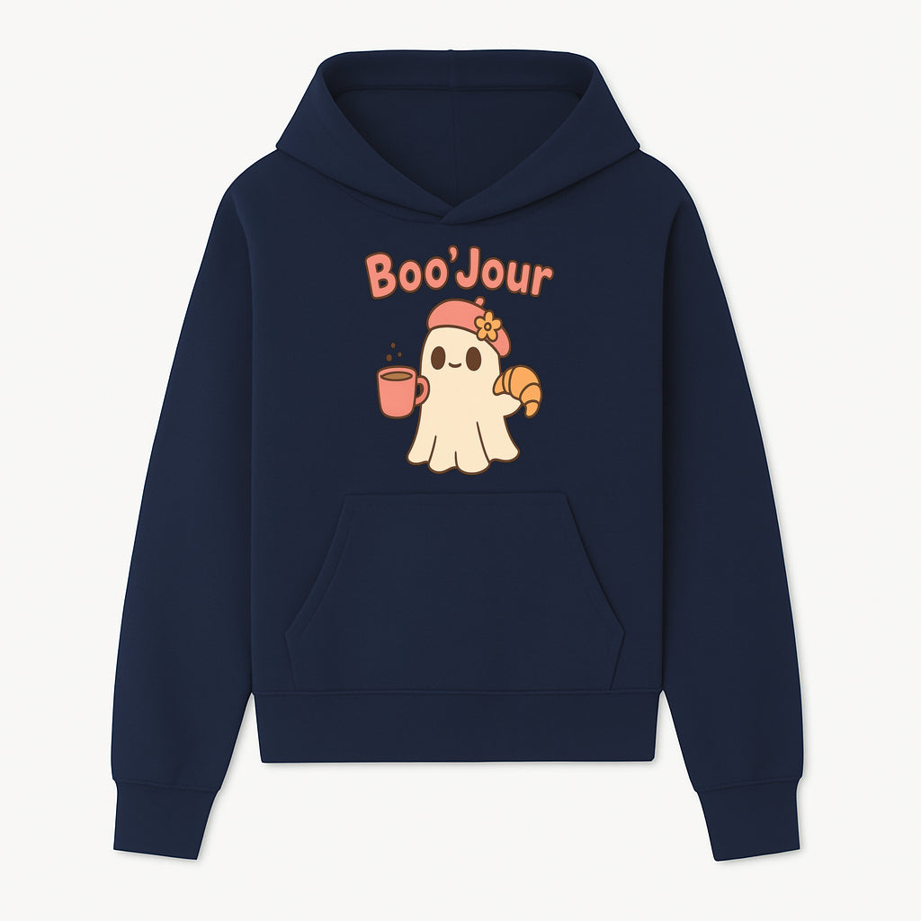 Cute Ghost Boo'Jour with Coffee and Croissant - Fun Halloween Decor, Ghost Lover Gift, Whimsical Art Print, Cozy Apparel - Hoodie 1758093376883.jpg