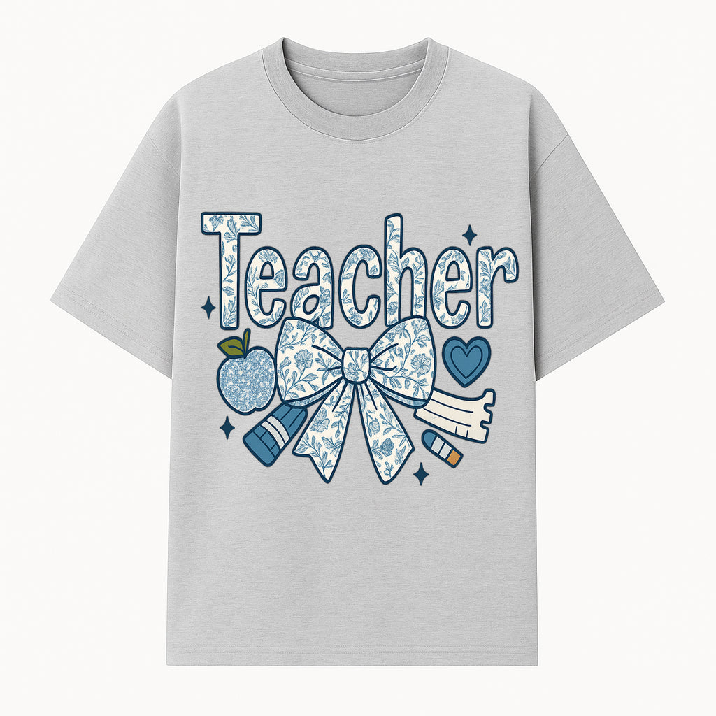 Floral Teacher Design with Apple, Bow & Stationery - Perfect Gift for Educators, Teachers' Day, Classroom Decor, Cute Art Print - T-shirt 1758093376889.jpg