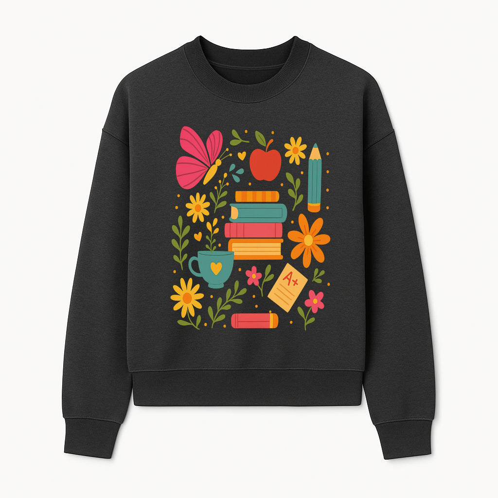 Colorful School Supplies and Flowers Art Print, Butterfly and Books, Educational Decor, Cute Classroom Wall Art, A+ Motivation - Sweatshirt 1758093376924.jpg