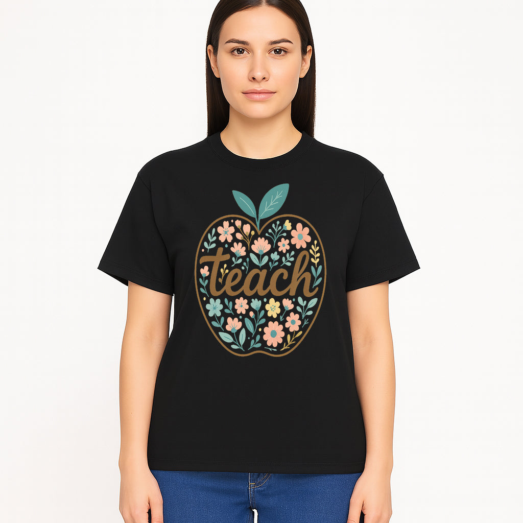 Floral Apple Teach Wall Art Decor - Teacher Gift, Classroom Decor, Inspirational Quote, Colorful Art Print - T-shirt 1758093376962.jpg