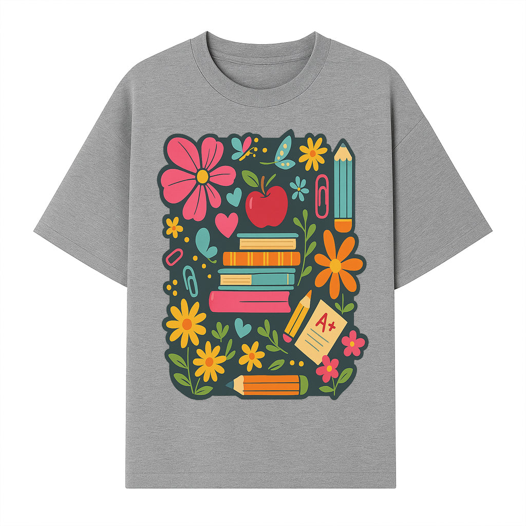 Colorful School Supplies and Flowers Illustration, Cute Educational Wall Art, Back to School Decor, Classroom Decoration, Kids Room Art - T-shirt 1758093376993.jpg