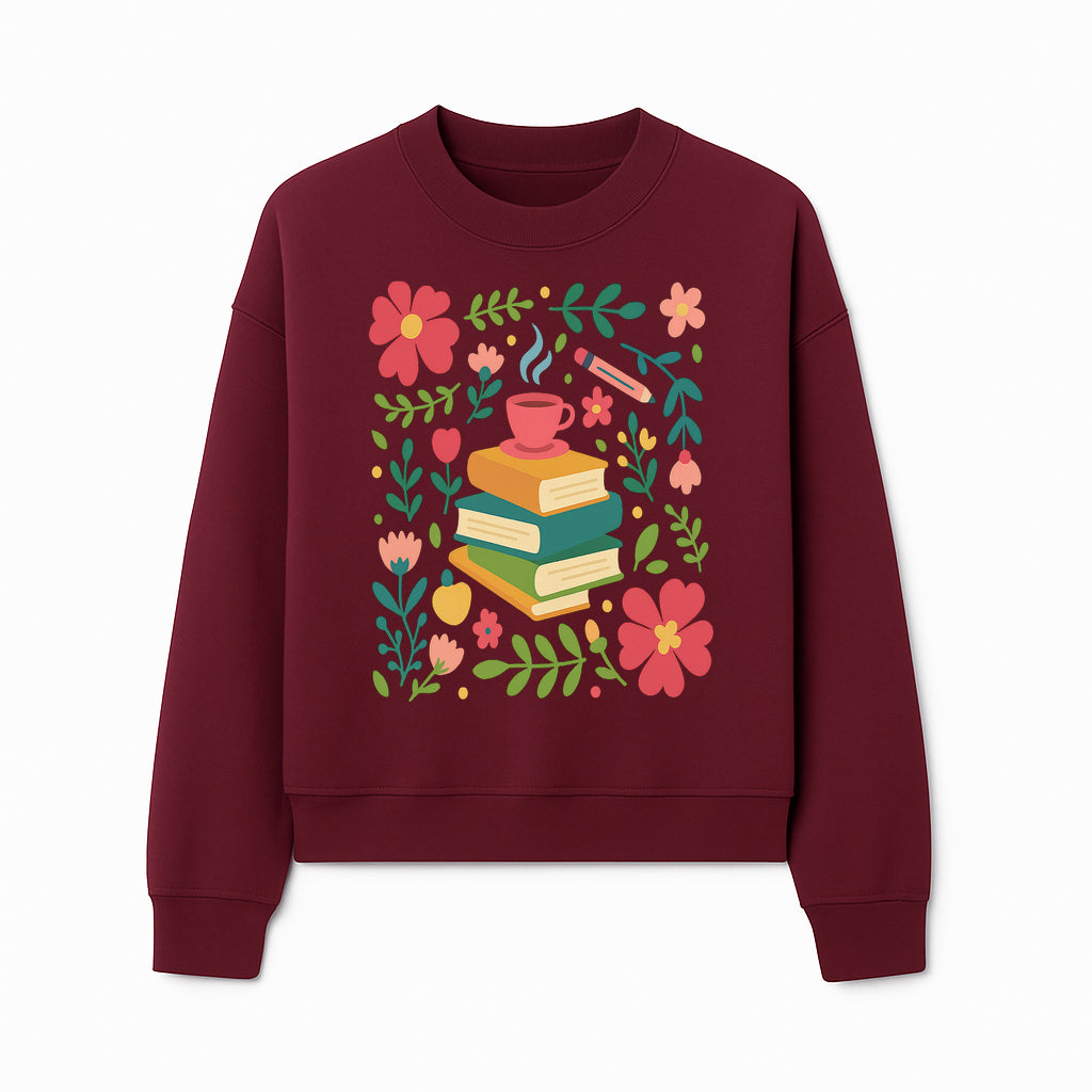 Whimsical Book Stack with Coffee and Flowers Art Print - Cozy Reading Decor for Home or Office - Sweatshirt 1758093377018.jpg