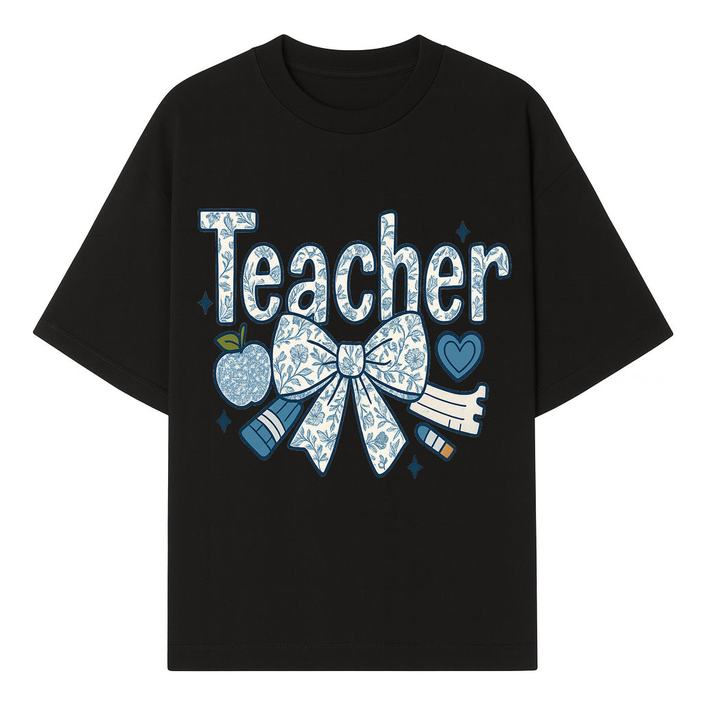 Floral Teacher Design with Apple, Bow & Stationery - Perfect Gift for Educators, Teachers' Day, Classroom Decor, Cute Art Print - T-shirt 1758093377053.jpg
