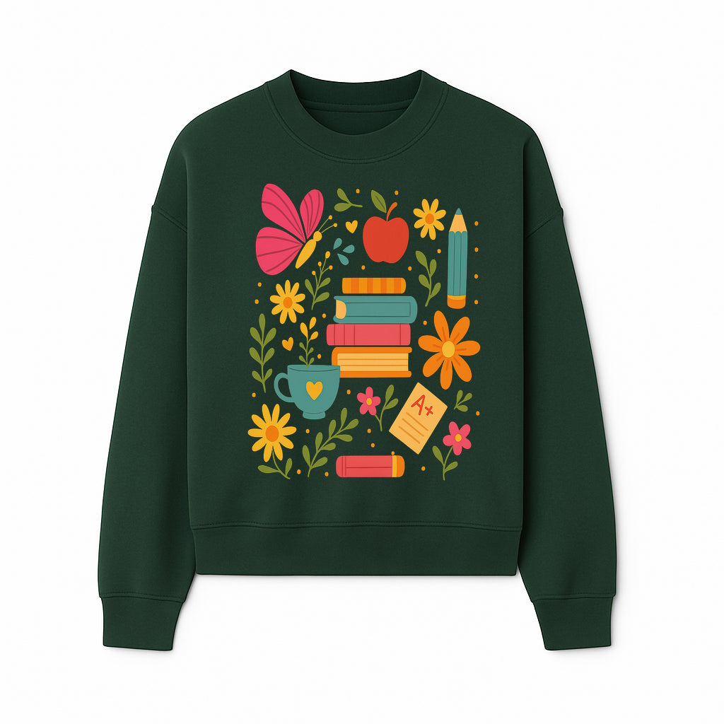 Colorful School Supplies and Flowers Art Print, Butterfly and Books, Educational Decor, Cute Classroom Wall Art, A+ Motivation - Sweatshirt 1758093377147.jpg