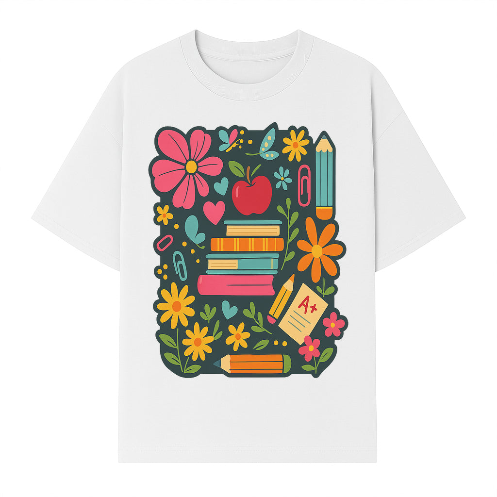 Colorful School Supplies and Flowers Illustration, Cute Educational Wall Art, Back to School Decor, Classroom Decoration, Kids Room Art - T-shirt 1758093377185.jpg
