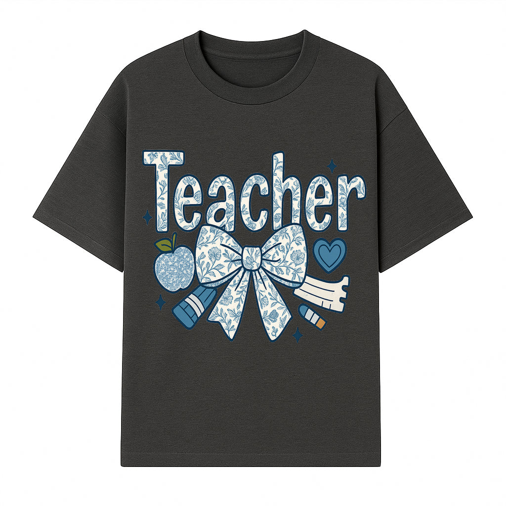 Floral Teacher Design with Apple, Bow & Stationery - Perfect Gift for Educators, Teachers' Day, Classroom Decor, Cute Art Print - T-shirt 1758093377232.jpg