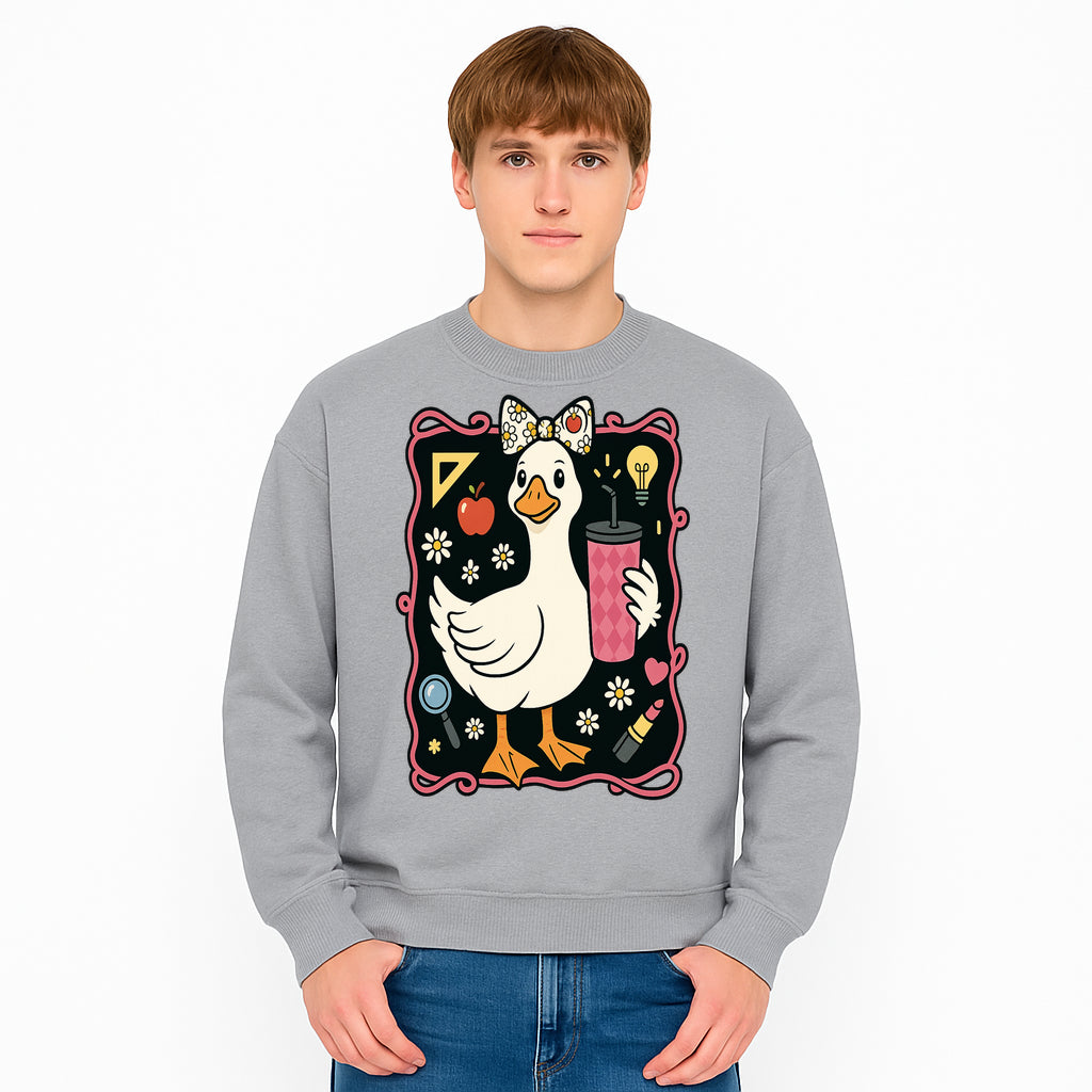 Cute Duck with Bow and Drink - Whimsical Animal Art Print, Fun Retro Style Home Decor, Ideal for Kids' Rooms or Gift Ideas - Sweatshirt 1758093377286.jpg