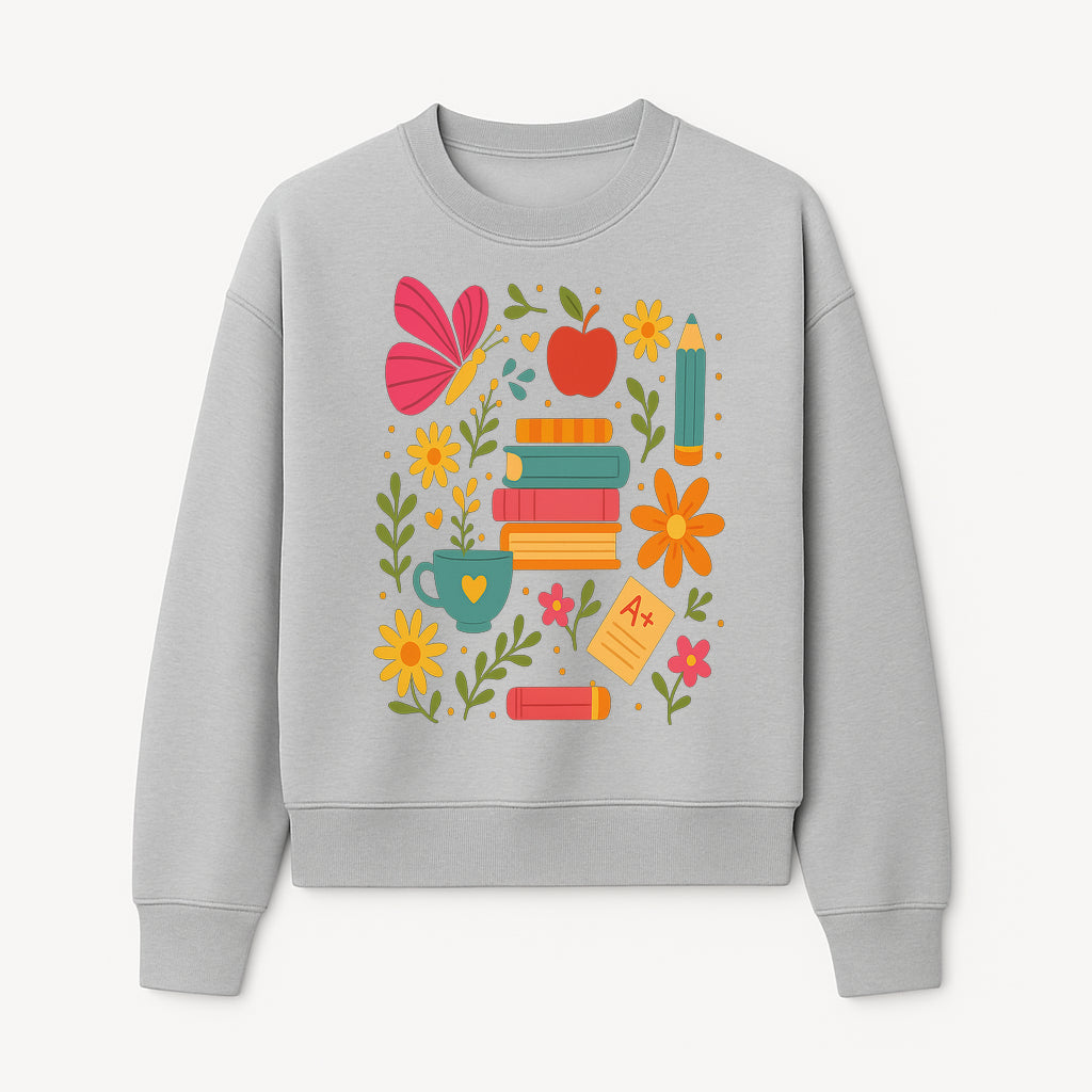 Colorful School Supplies and Flowers Art Print, Butterfly and Books, Educational Decor, Cute Classroom Wall Art, A+ Motivation - Sweatshirt 1758093377315.jpg