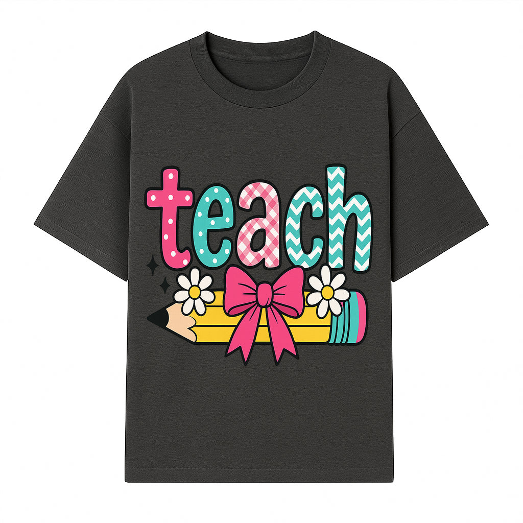 Colorful Teach Design with Pencil, Flowers, and Bow - Perfect for Teacher's Gifts, Classroom Decor, or Back-to-School Apparel - T-shirt 1758093377339.jpg