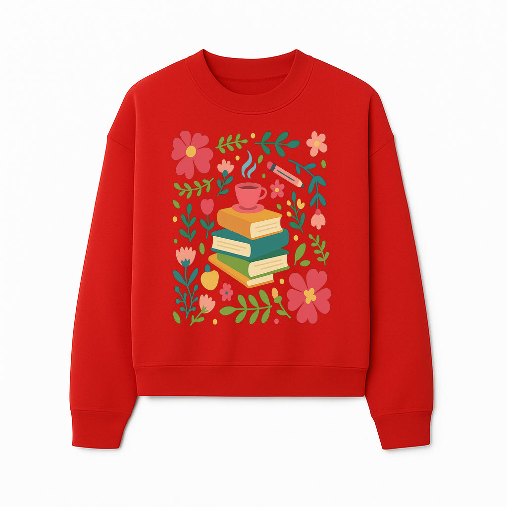 Whimsical Book Stack with Coffee and Flowers Art Print - Cozy Reading Decor for Home or Office - Sweatshirt 1758093377343.jpg