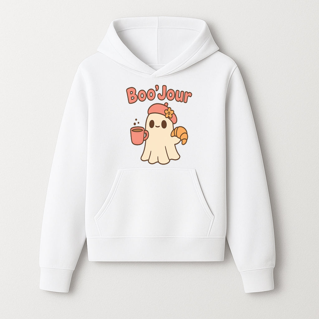 Cute Ghost Boo'Jour with Coffee and Croissant - Fun Halloween Decor, Ghost Lover Gift, Whimsical Art Print, Cozy Apparel - Hoodie 1758093377375.jpg