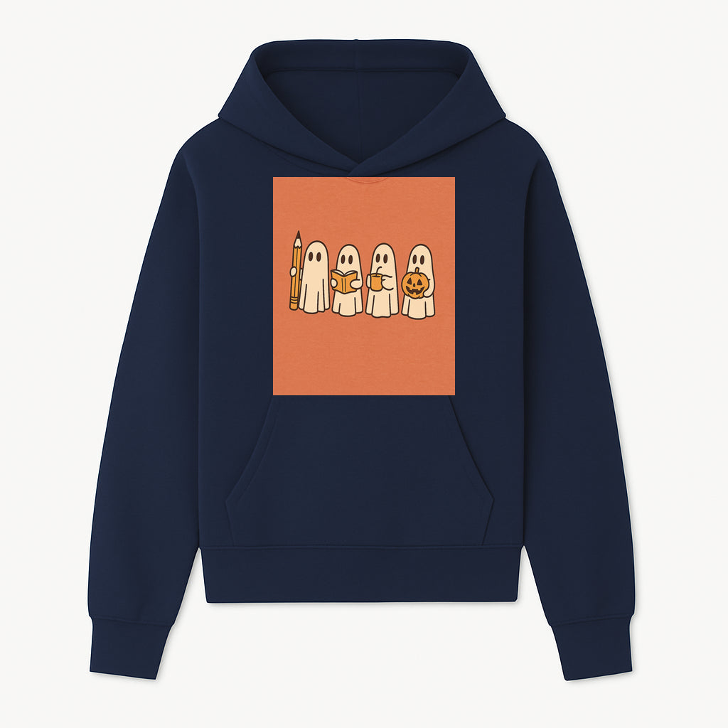 Cute Ghosts Reading, Writing, Drinking, and Celebrating Halloween Graphic Tee, Cozy Fall Top, Halloween Costume Shirt for Kids and Adults - Hoodie 1758093377392.jpg