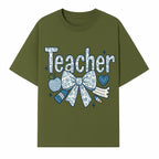 Floral Teacher Design with Apple, Bow & Stationery - Perfect Gift for Educators, Teachers' Day, Classroom Decor, Cute Art Print - T-shirt 1758093377397.jpg